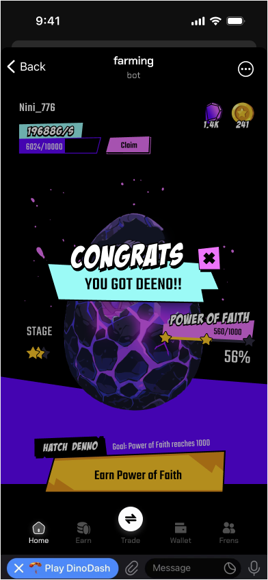 Derivio mobile reward confirmation after earning Denno