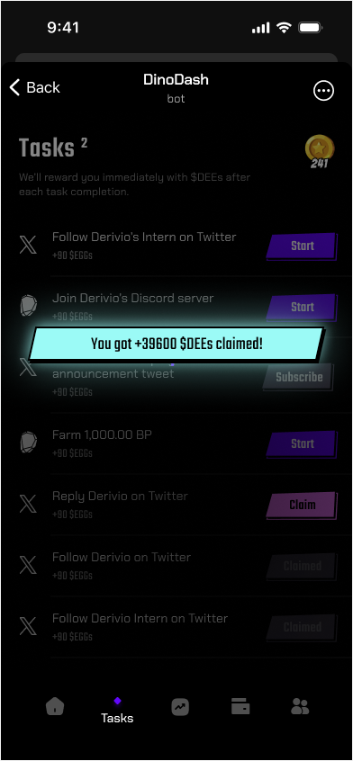 Derivio community tasks and claimed reward screen