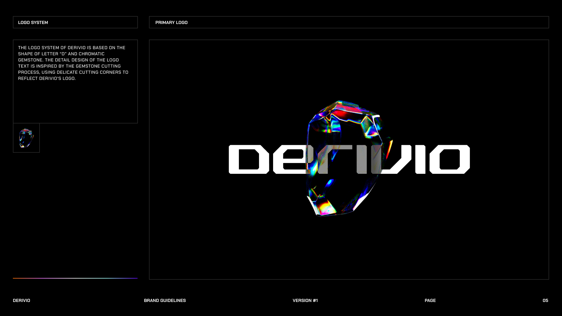 Derivio primary logo system based on the letter D and a chromatic gemstone