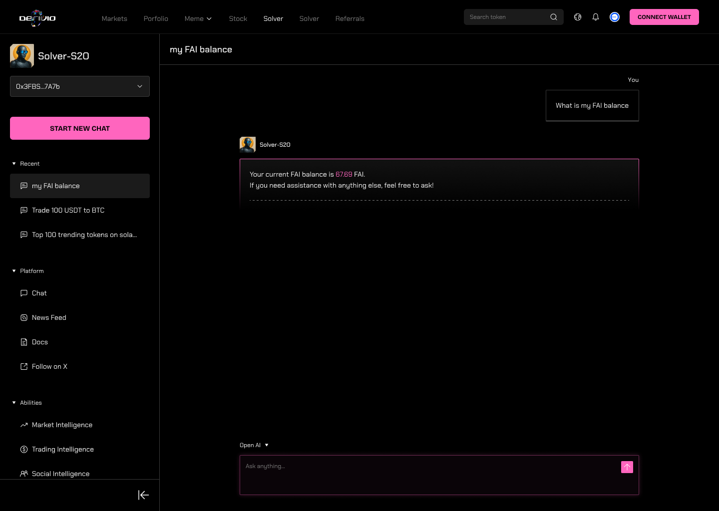 Derivio Solver-S20 response showing wallet balance