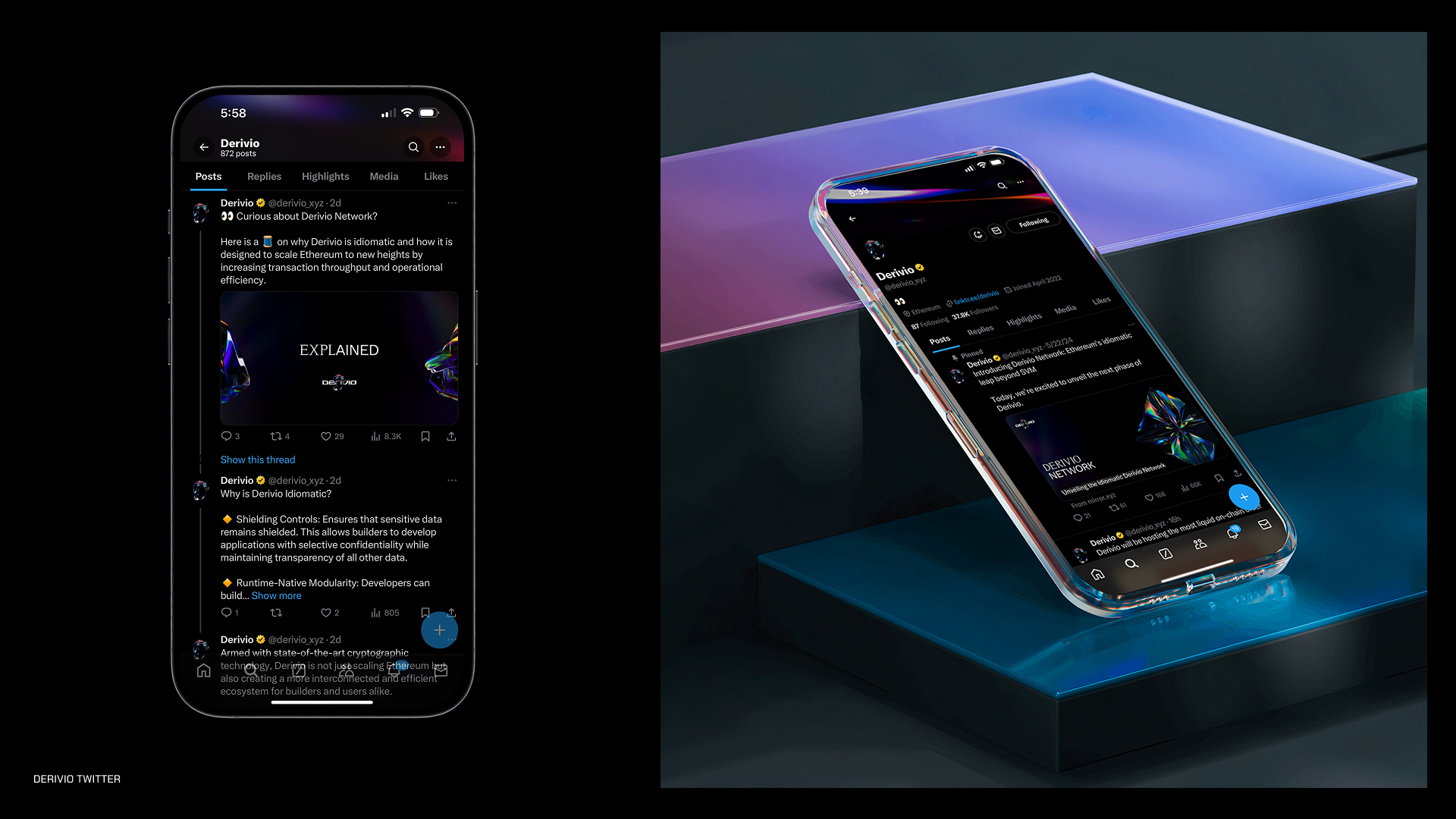 Derivio social feed and mobile Twitter application mockups
