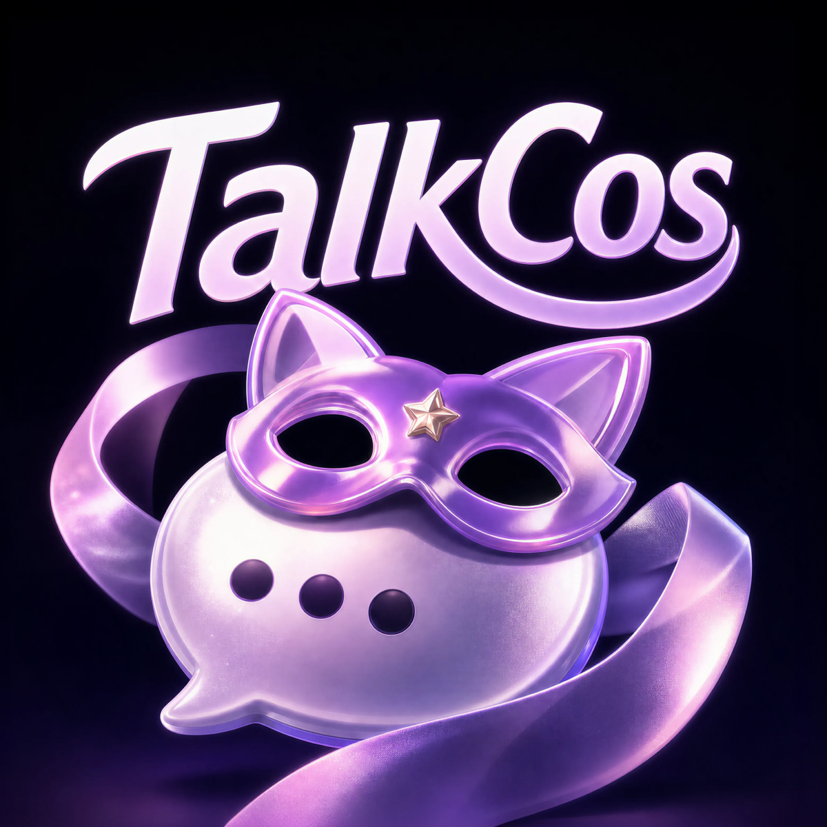 TalkCos purple cat-mask app icon and logo
