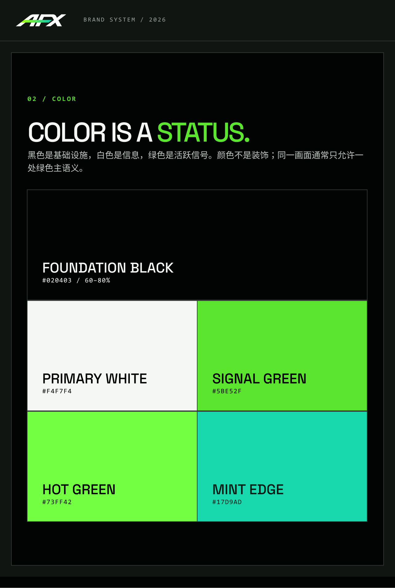 AFX color system with black, white, signal green, hot green, and mint edge