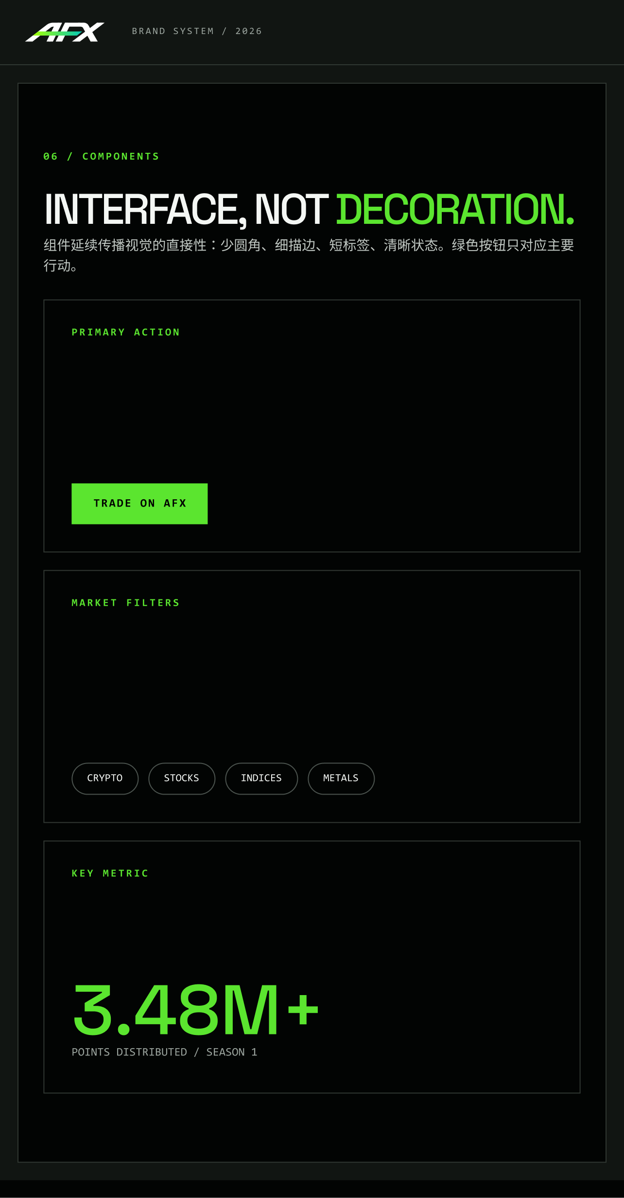 AFX interface components for primary actions, market filters, and metrics