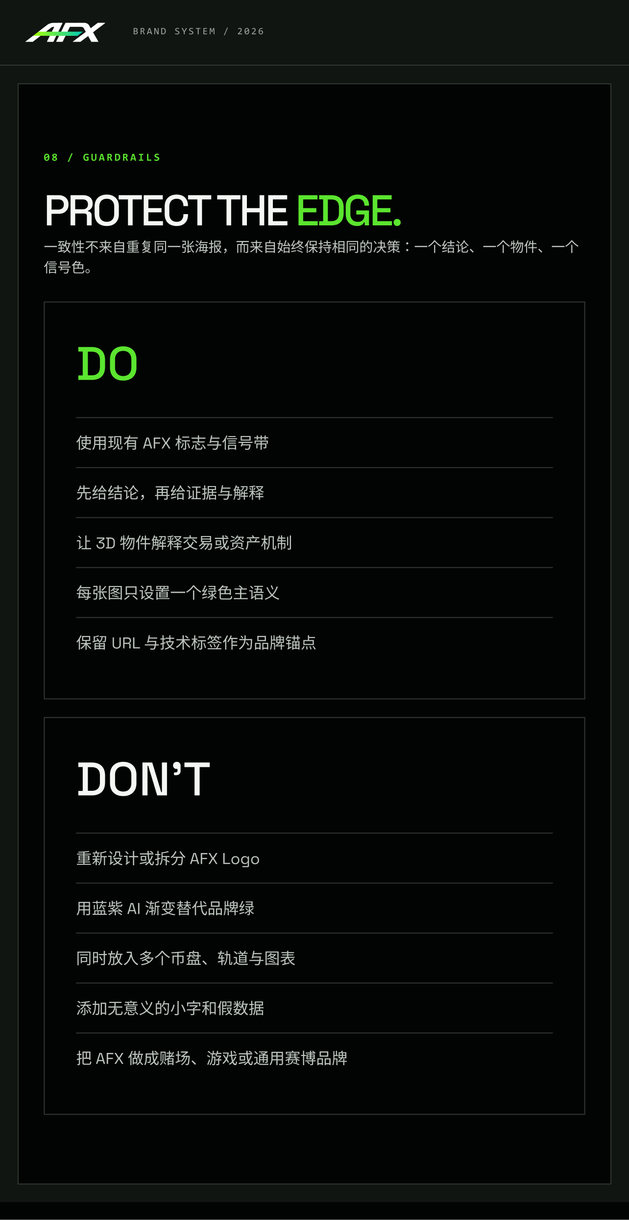 AFX brand guardrails showing do and do not rules